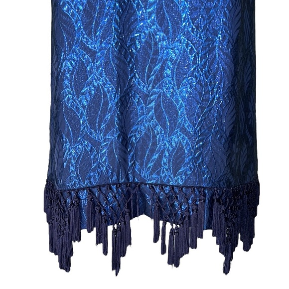 Lilly Pulitzer Marquette Silk Metallic Blue Leaf Jacquard Fringe Shift Dress - S - Picture 7 of 16